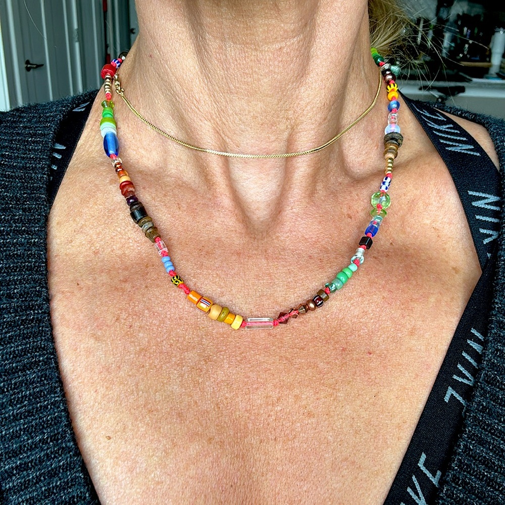 Hand-crafted and designed Czech glass Beaded Necklace on Neon string!